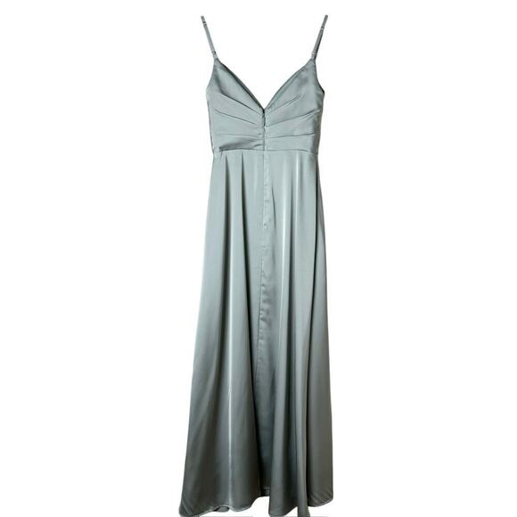 Azazie Calissa Mist A-Line V-Neck Pleated Stretch Satin Dress Bridesmaid Gown A0 - Picture 9 of 13